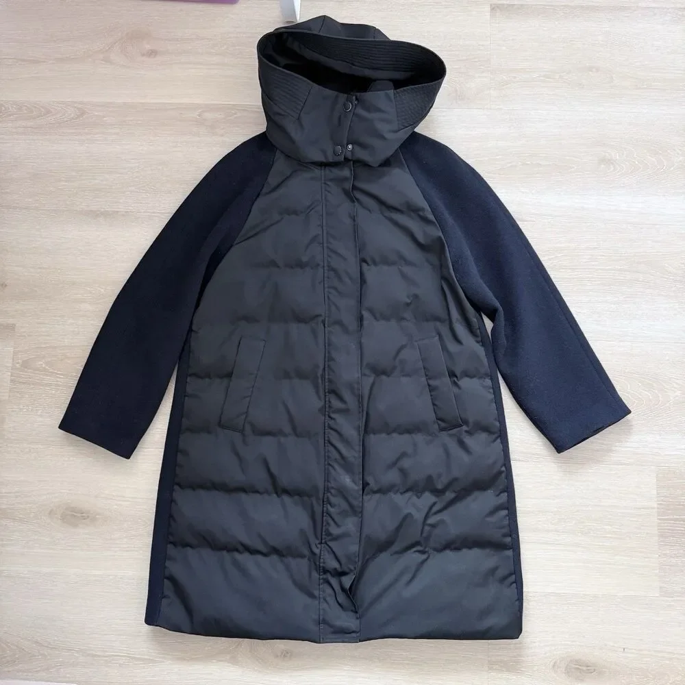 Quiet Luxury Minimalist Wool Blend Mixed Media Puffer Coat M Black Navy Jason Wu